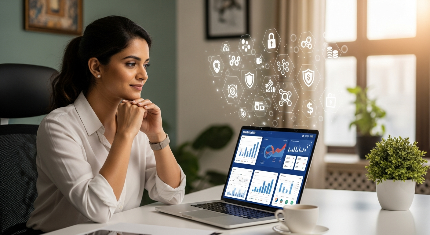 "A focused small business owner analyzing her business's financial and risk landscape, considering her insurance needs."